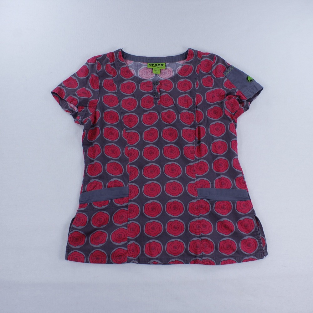 Crocs Medical Apparel Red Rose Floral Scrub Top Women's Size XS 100% Cotton
